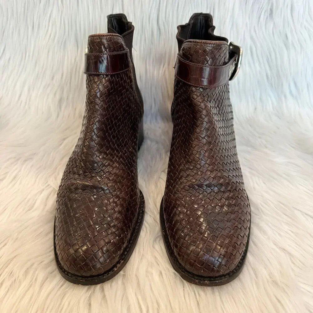 Brighton Winona Woven Leather Ankle Boot Snake Print Silver Buckle Chelsea Brown - Picture 2 of 10